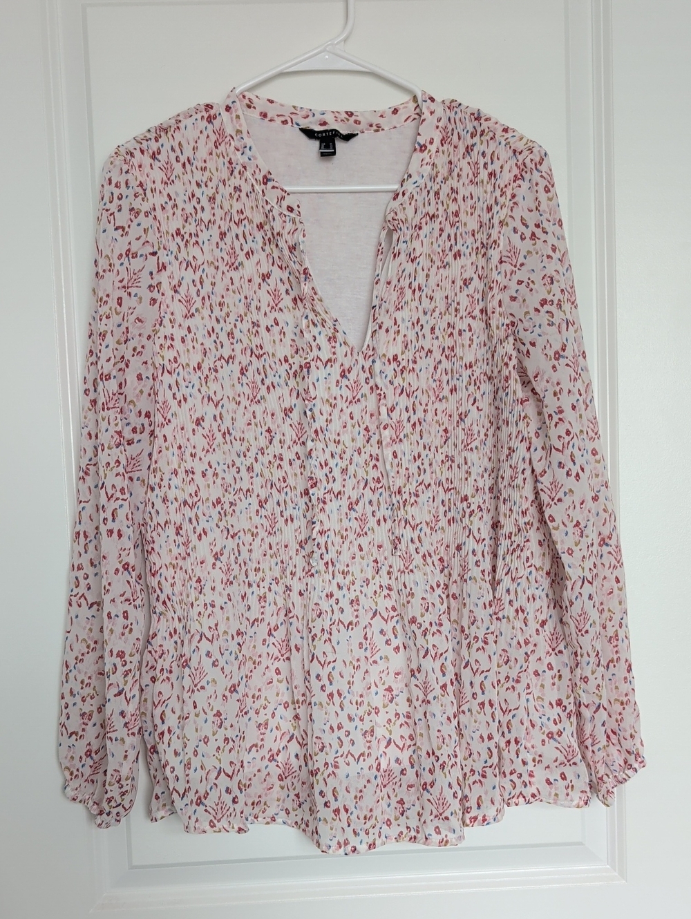 Pleated Light Pink Printed Long-Sleeve Blouse